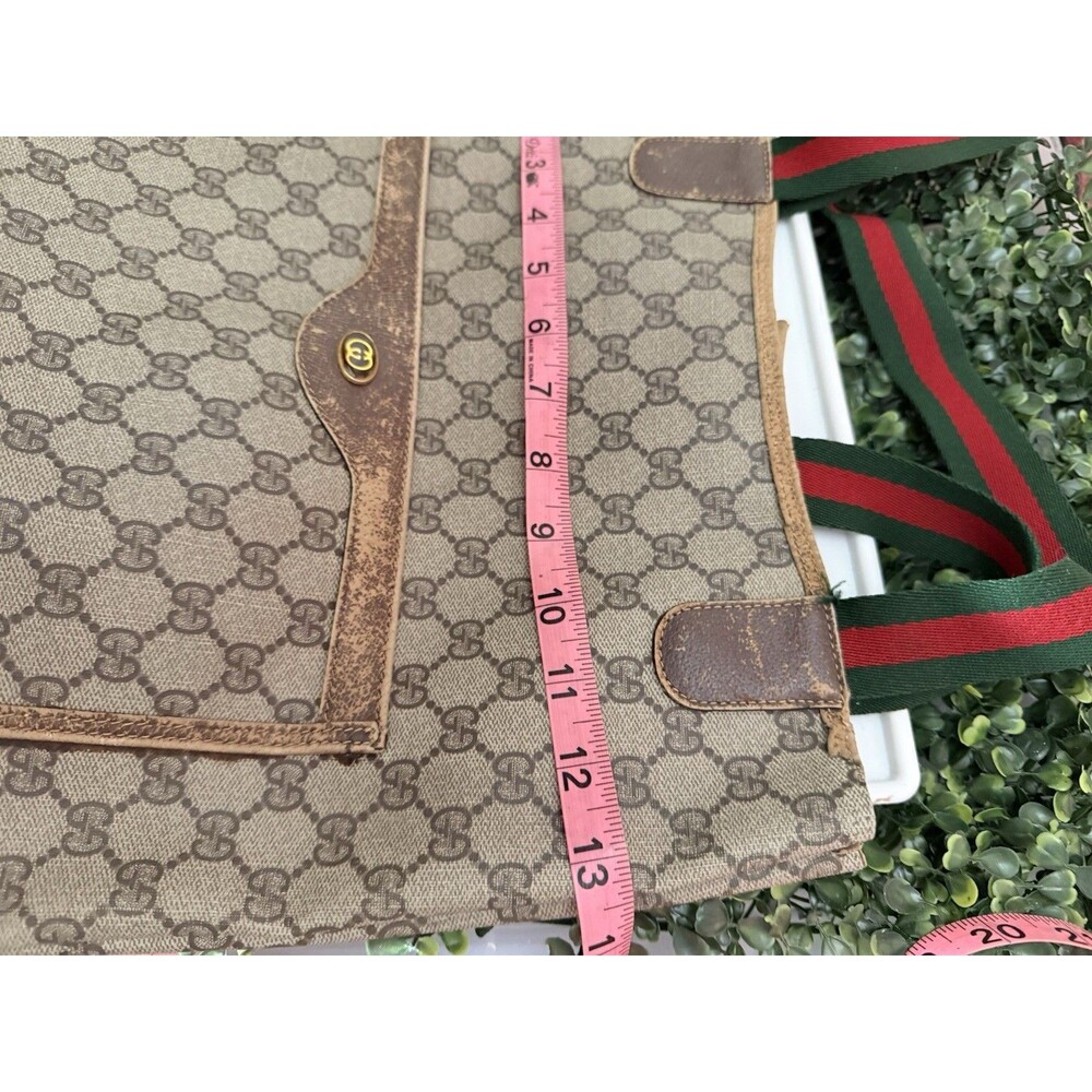 Gucci Vintage GG Monogram Canvas Tote Bag Green Red Web Straps - Brown Logo - Picture 11 of 11